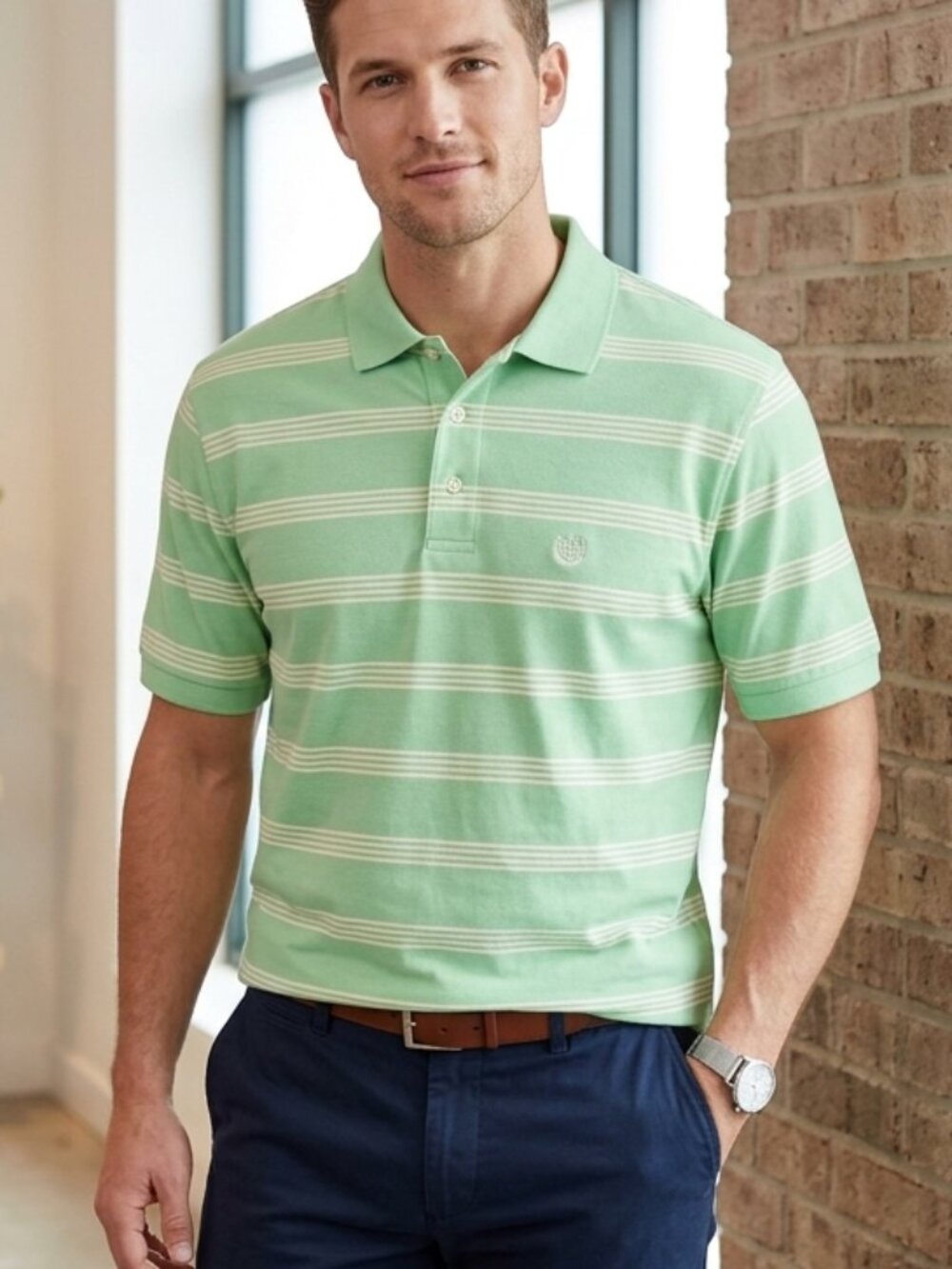 Chaps Men's Natural Stretch Polo Shirt Mint Green White Striped Short Sleeve Lrg